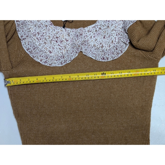 ZARA Tobacco Brown knit sweater with contrasting print ruffle collar Size L - Picture 12 of 12